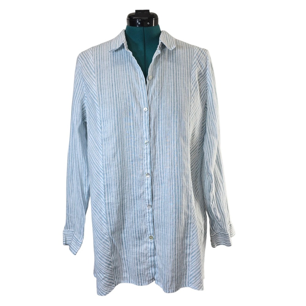 J. Jill Love Linen Shirt Womens Large Blue White Striped Long Sleeve Tunic Boho